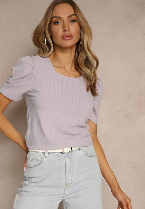 Jasnofioletowy T-shirt z Prążkowanej Tkaniny z Zakładkami przy Rękawach Kolaniella