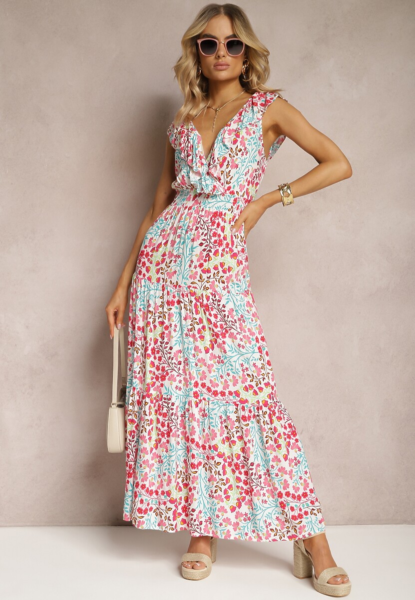 Czerwono-Niebieska Kwiatowa Sukienka z Wiskozy o Rozkloszowanym Fasonie z Falbanką Pallad