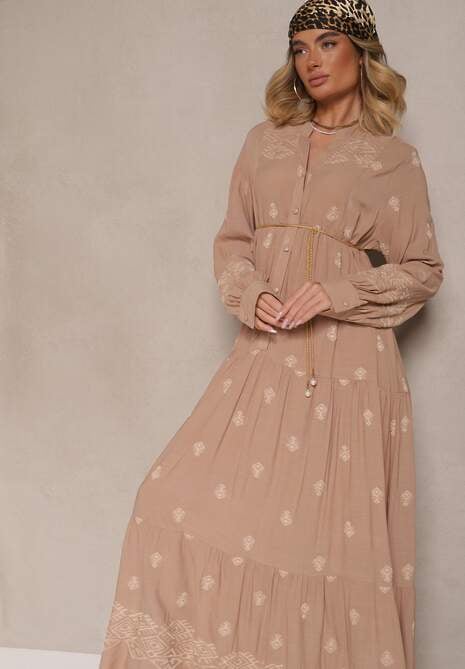 Jasnobeżowa Rozkloszowana Sukienka Ozdobiona Haftem i Wzorem Boho Ronavere