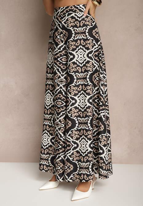 Czarne Szerokie Spodnie z Wiskozy High Waist w Geometryczny Wzór Firdexia