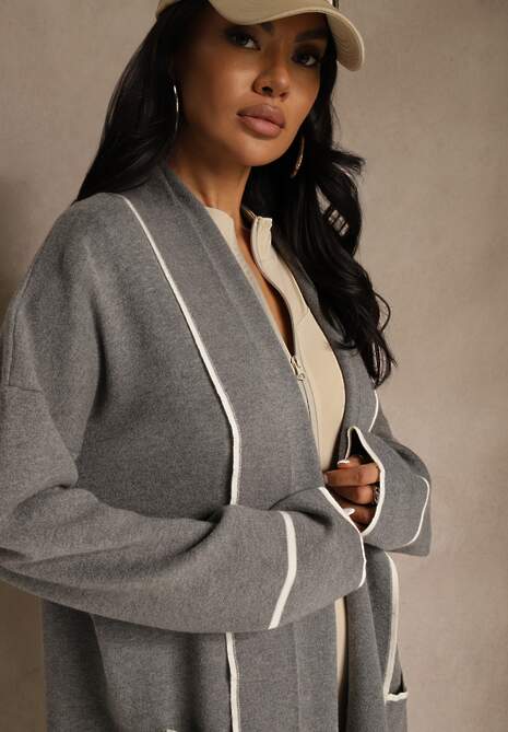 Szary Niezapinany Kardigan o Długim Kroju z Lamówką Venisse