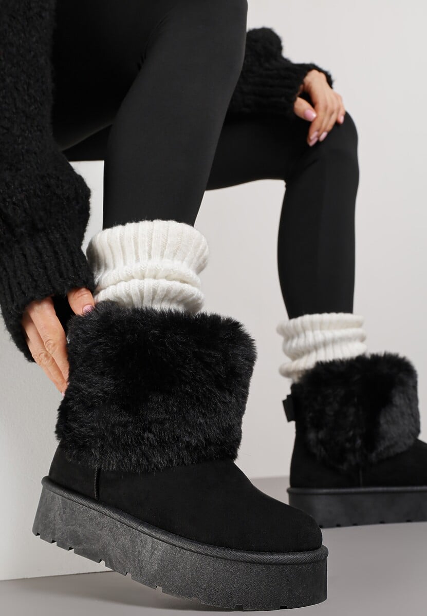 Czarne Śniegowce z Cholewką za Kostkę Ocieplane z Futerkiem i Małą Kokardą Reinedia