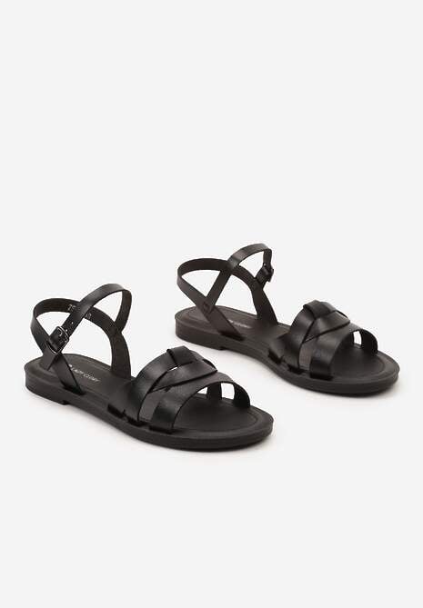 Czarne Sandały z Imitacji Skóry na Płaskiej Podeszwie Zapinane na Sprzączkę Javera