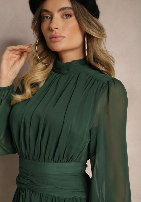 Zielona Rozkloszowana Sukienka z Półprzeźroczystymi Wstawkami i Stójką Gelabine