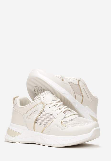 Beżowe Sneakersy na Ozdobnej Podeszwie ze Sznurowaniem Clarie