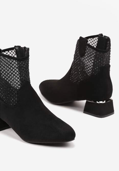 Czarne Botki na Słupku Vices Ozdobione Siateczką na Cholewce Deovenna