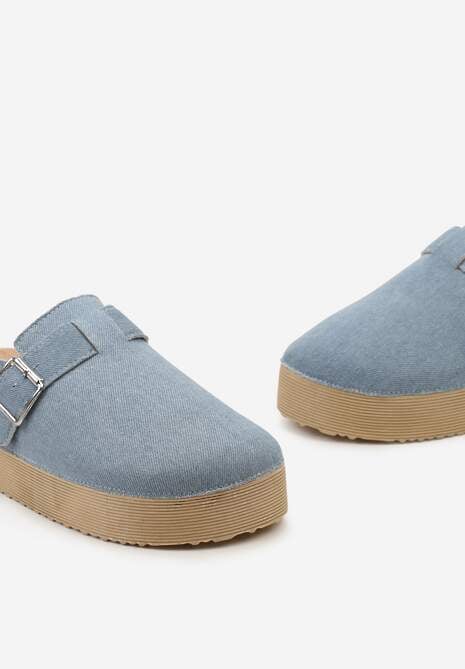 Niebieskie Klapki Chodaki z Ozdobnym Paskiem i Korkową Wstawką na Podeszwie Tesperia