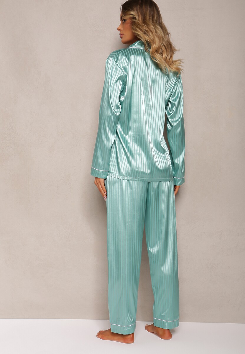 Miętowy Komplet Piżamowy Góra o Koszulowym Kroju z Guzikami Spodnie z Gumką w Talii Rivanias