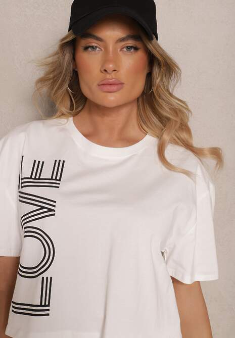 Biały T-shirt z Bawełny o Krótkim Kroju Ozdobiony Napisem Sannovia