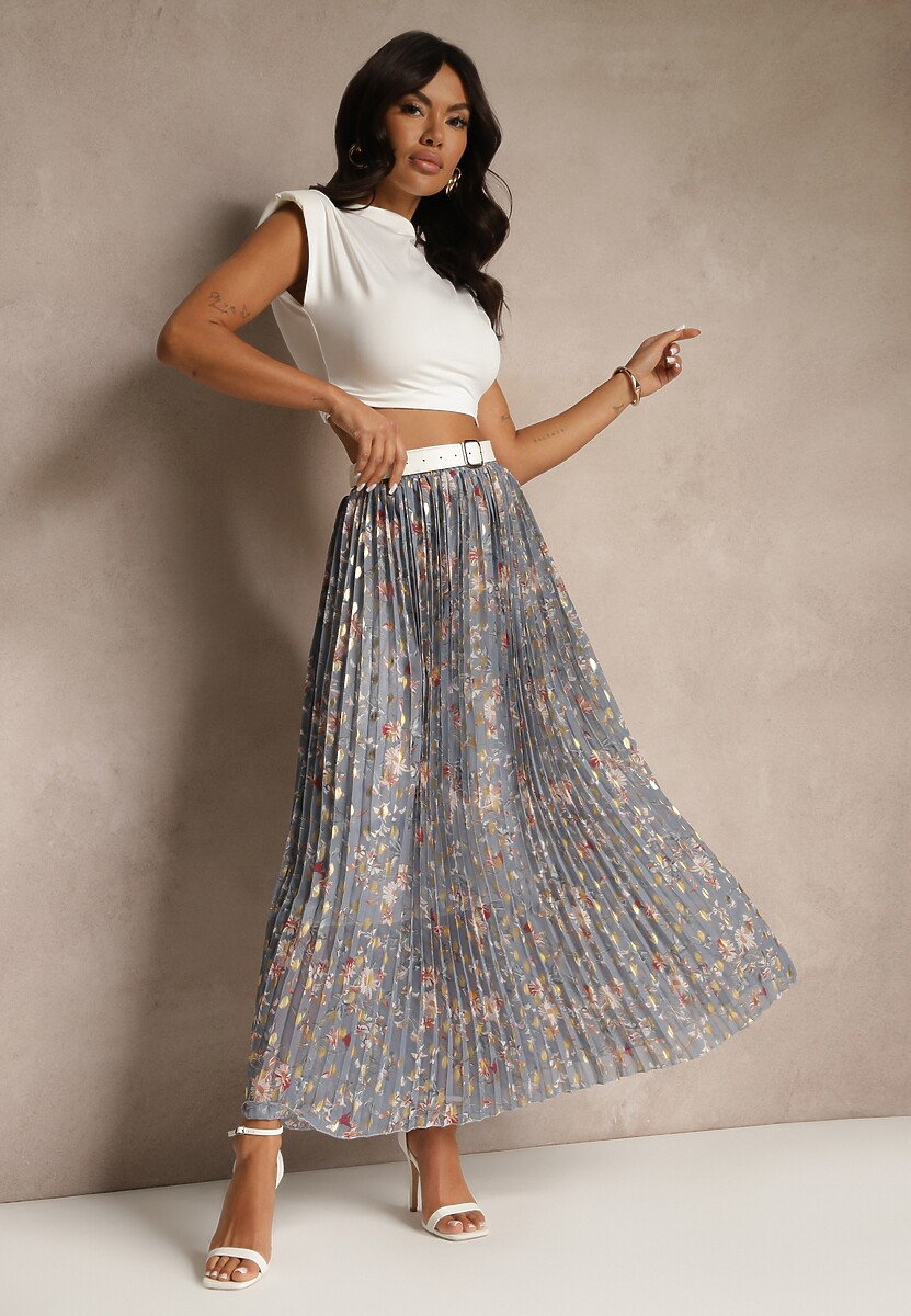 Czarna Kwiecista Spódnica Rozkloszowana z Plisami Zdobiona Metalicznym Nadrukiem Folonissa