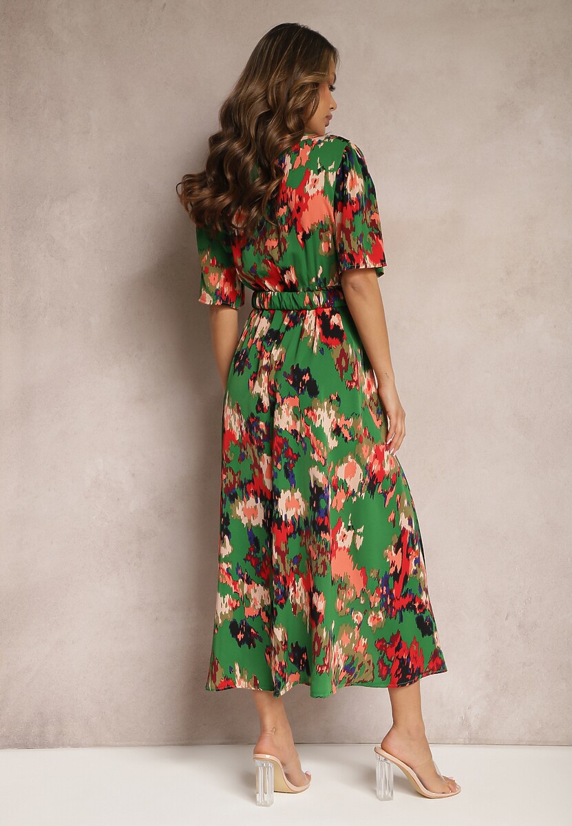 Zielono-Czerwona Asymetryczna Sukienka z Gumką w Pasie i Kopertowym Dekoltem Perlana