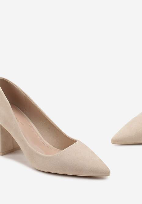 Beżowe Czółenka na Słupku z Metalicznym Zdobieniem Hydrani