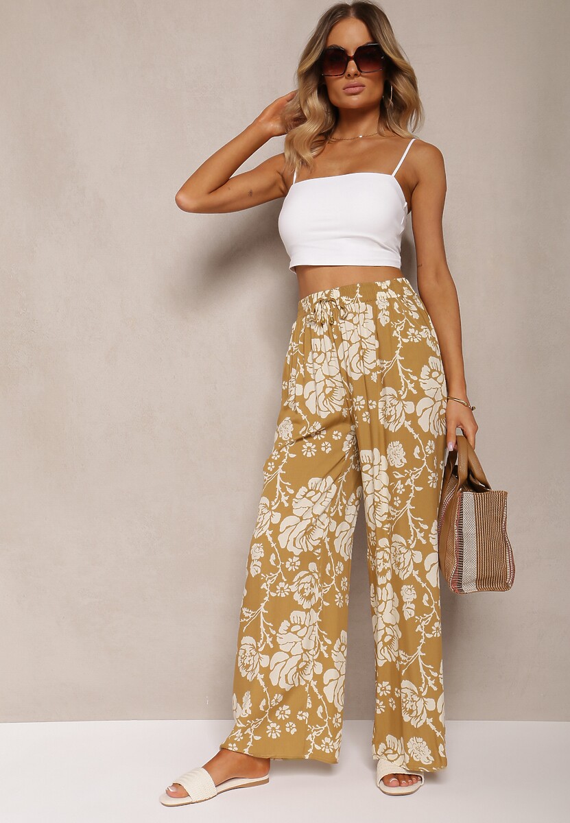 Beżowe Spodnie Typu Palazzo z Wiskozy High Waist z Gumką w Talii Jenena