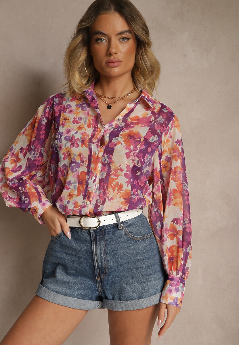 Fioletowa Koszula z Szerokimi Rękawami z Przezroczystej Tkaniny Barias