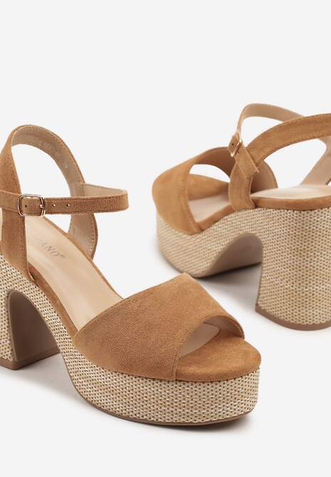 Brązowe Sandały na Słupku z Platformą z Motywem Plecionki Sorliza
