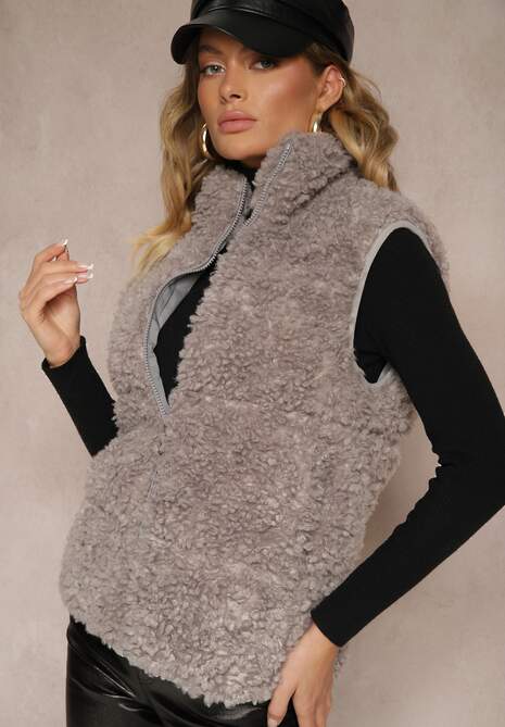 Szara Futrzana Kamizelka o Fakturze Typu Baranek ze Stójką o Prostym Kroju Realirae