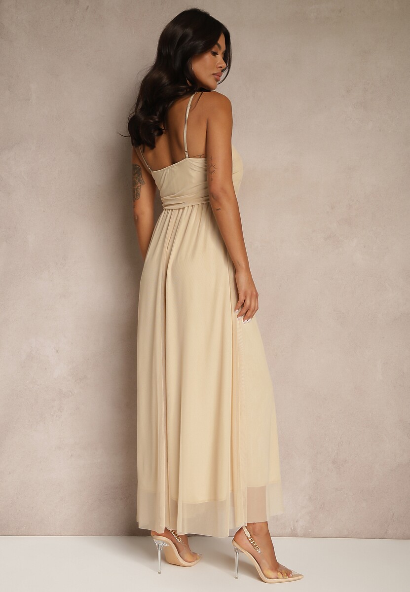 Beżowa Sukienka Koktajlowa Ozdobiona Tiulowym Materiałem Deviora