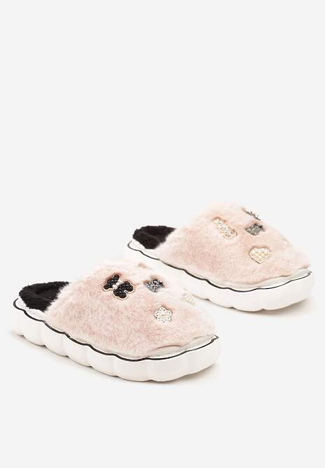 Różowe Kapcie na Płaskiej Podeszwie z Metalicznymi Ozdobami Emmilaine