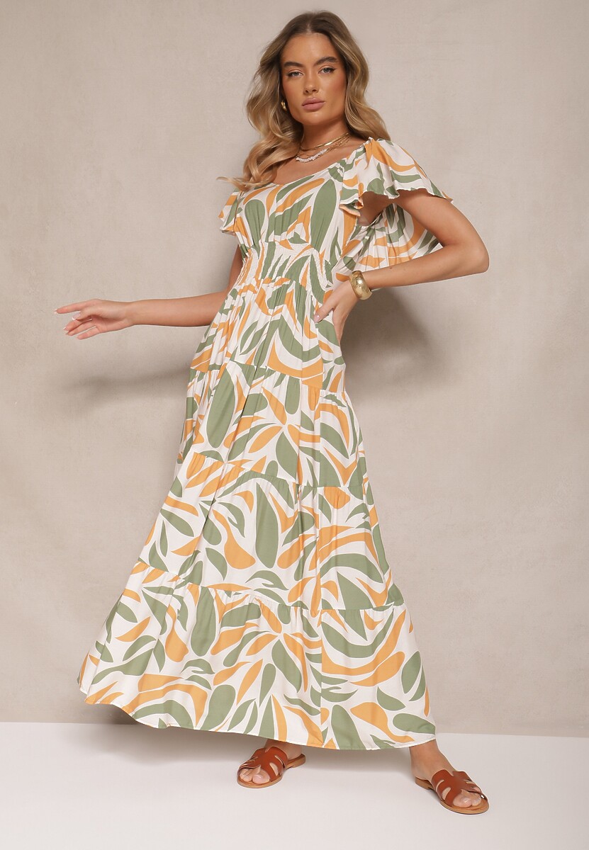 Ciemnozielona Rozkloszowana Sukienka z Wiskozy w Geometryczny Wzór Anisoria