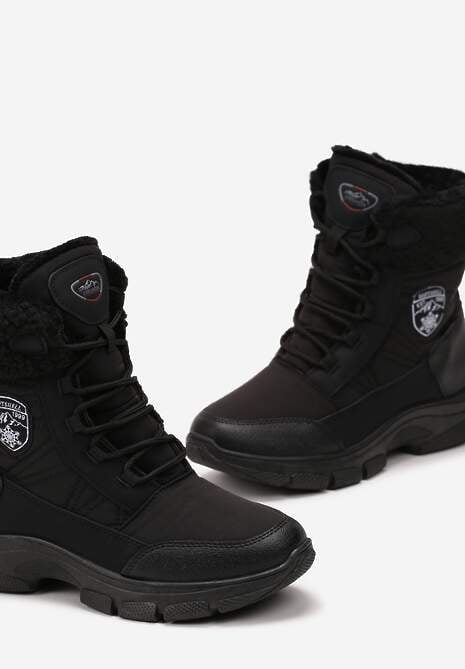 Czarne Ocieplane Śniegowce z Ozdobnym Kożuszkiem Arianea