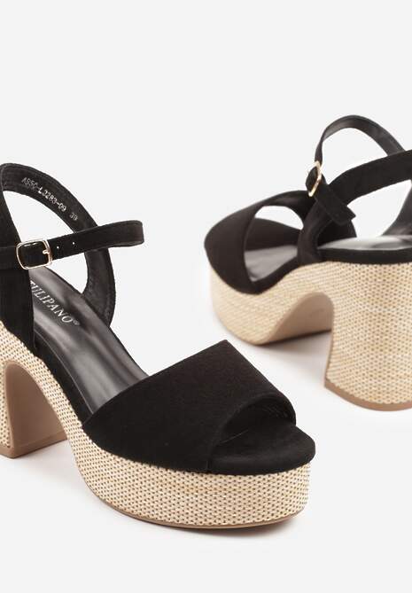 Czarne Sandały na Słupku z Platformą z Motywem Plecionki Sorliza
