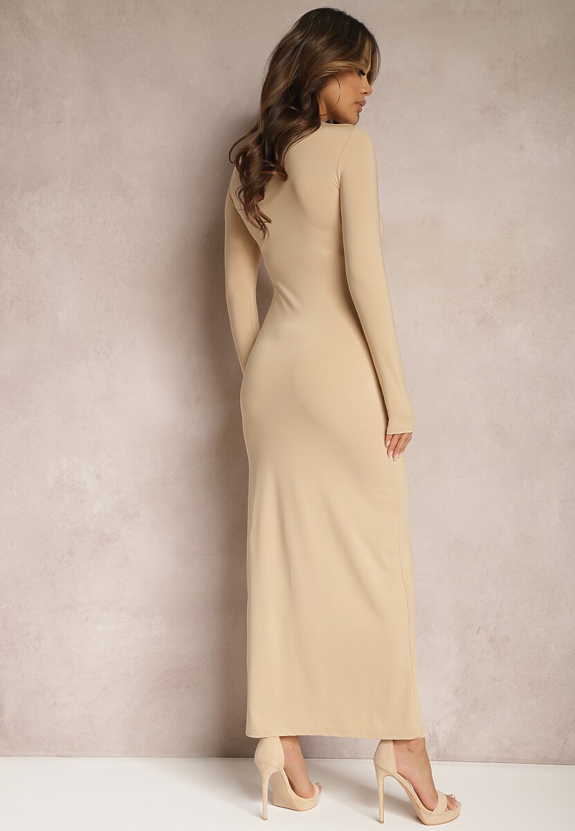 Beżowa Sukienka Maxi o Dopasowanym Kroju z Okrągłym Dekoltem Merilin