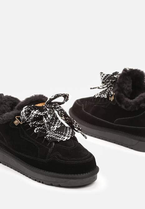 Czarne Śniegowce Typu Sneakersy ze Skóry Naturalnej Wyściełane Futerkiem Venalise