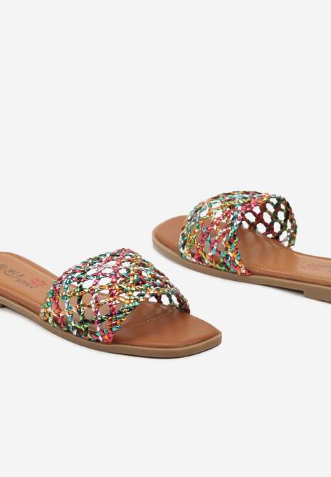 Niebiesko-Różowe Casualowe Klapki na Płaskiej Podeszwie z Ażurowym Paskiem Ellnara