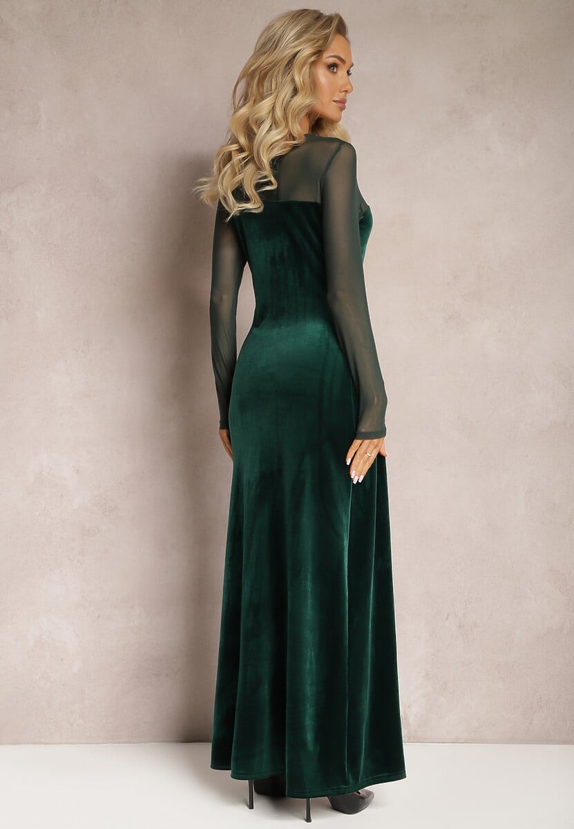 Ciemnozielona Sukienka Maxi z Weluru z Siateczkowym Dekoltem i Rękawami Belved