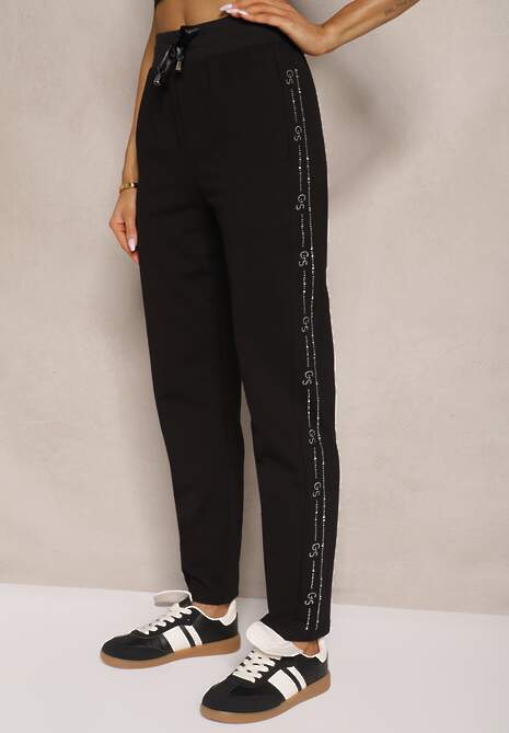 Czarne Dresowe Spodnie z Bawełną Ozdobione Sznurkiem Anniren