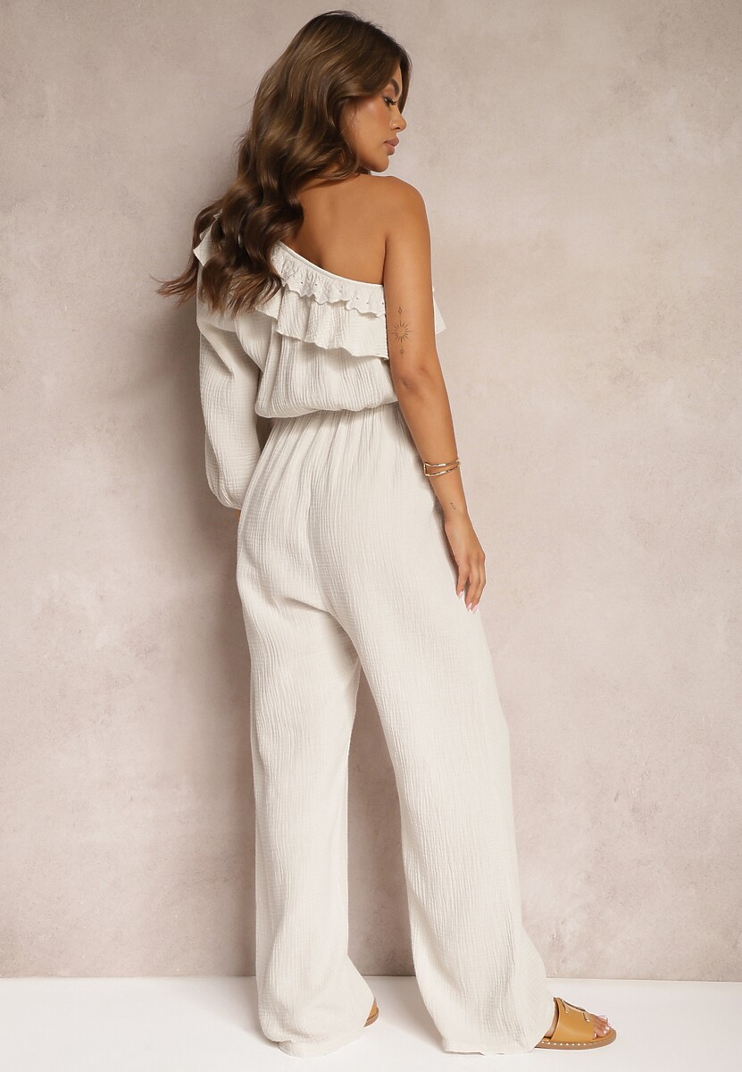 Beżowy Bawełniany Kombinezon o Asymetrycznym Kroju z Gumką w Talii i Falbaną Begelia