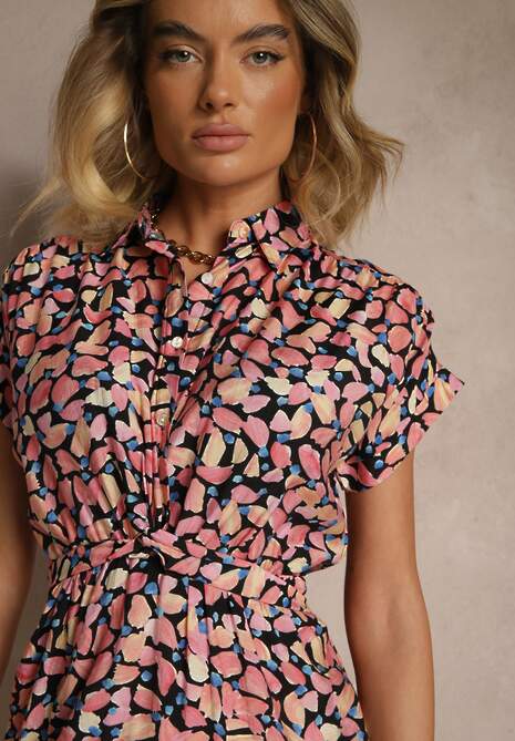 Czarna Sukienka Taliowana z Wiskozą i Ozdobnym Paskiem Delyase