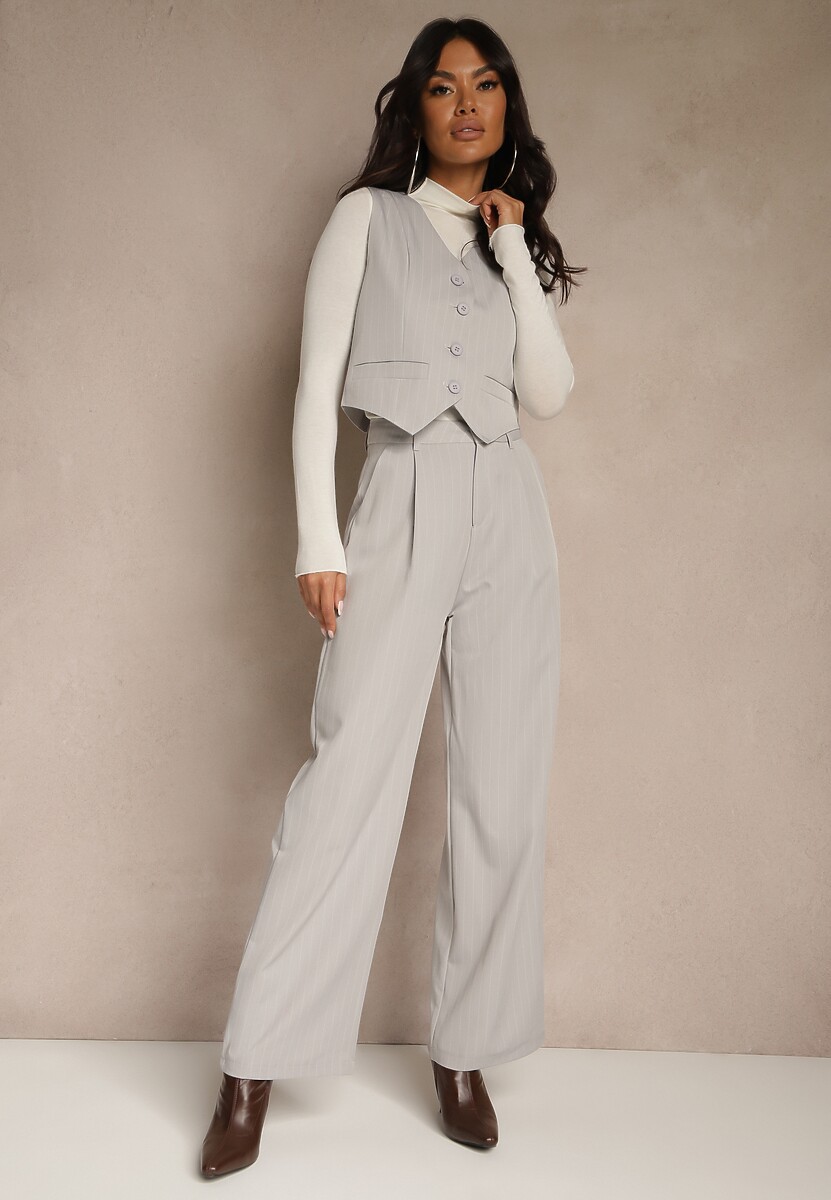 Czarny Garniturowy Komplet w Delikatne Prążki z Kamizelką i Luźnymi Spodniami Paliera