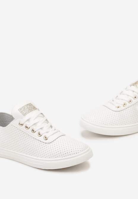 Biało-Złote Tenisówki ze Skóry ze Wstawkami z Brokatu Klerioa