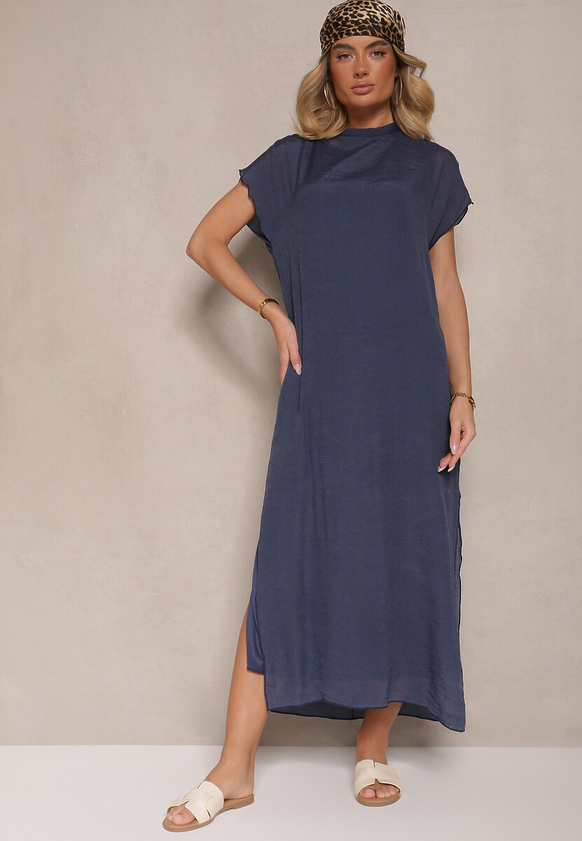 Niebieska Sukienka o Pudełkowym Kroju z Wiązaniem Napalea