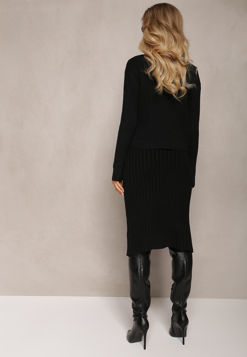 Czarny 2-częściowy Komplet Dzianinowy z Sukienką i Kardiganem Mystice