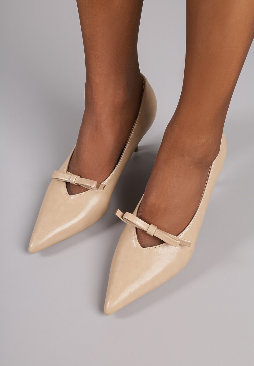 Ciemnobeżowe Czółenka na Szpilce Vices z Kokardą i Wkładką ze Skóry Naturalnej Rilanisse