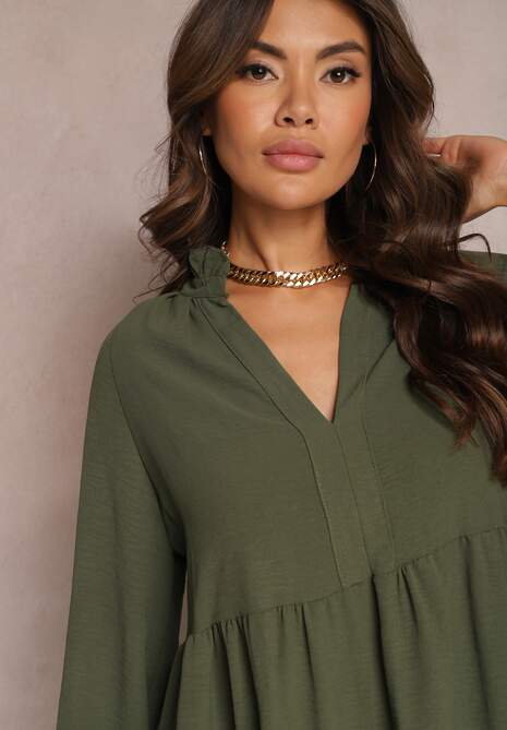 Zielona Rozkloszowana Sukienka Mini z Falbankami Atercja