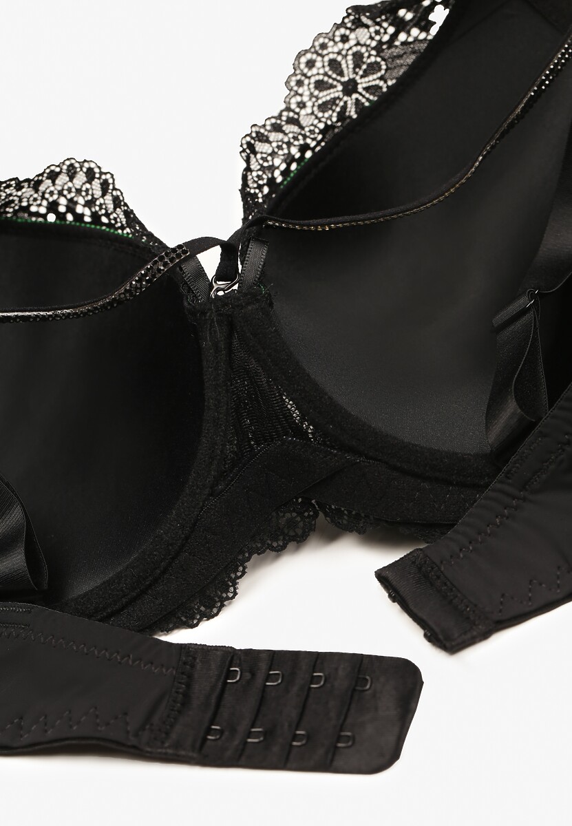 Czarno-Zielony Biustonosz Full Cup z Koronką Cyrkoniami i Ozdobnym Paskiem na Regulowanych Ramiączkach Vladia