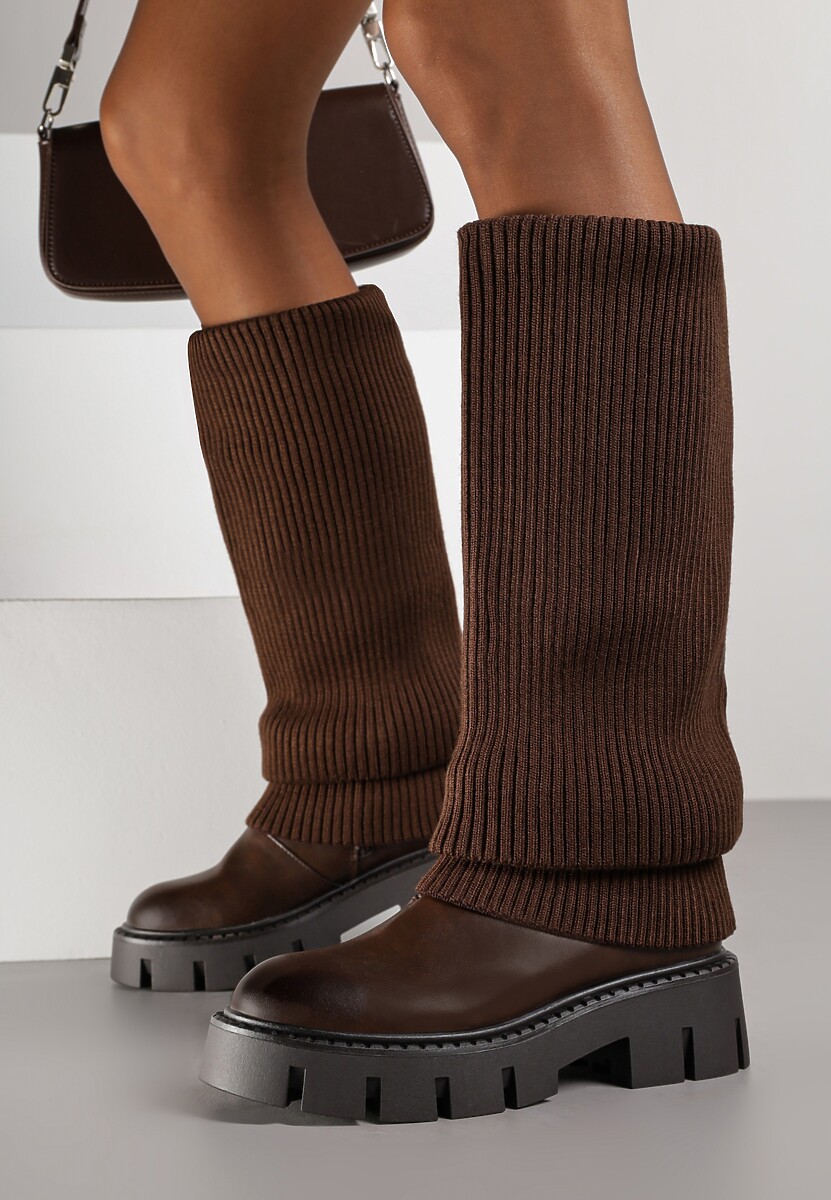 Brązowe Kozaki Chunky z Dzianinową Cholewką Imitującą Nogawkę Fenema