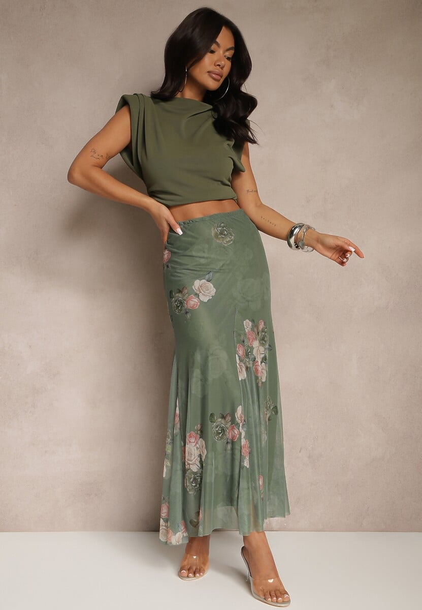 Ciemnozielona Spódnica w Kwiatowy Wzór o Rozkloszowanym Kroju Efrirene