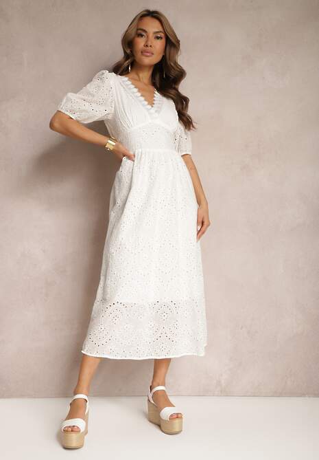 Biała Sukienka z Bawełny o Haftowanym Wykończeniu z Gumką w Talii Lomeda