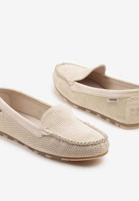 Beżowe Mokasyny z Wkładką ze Skóry Naturalnej i Ozdobnymi Przeszyciami Tereldi