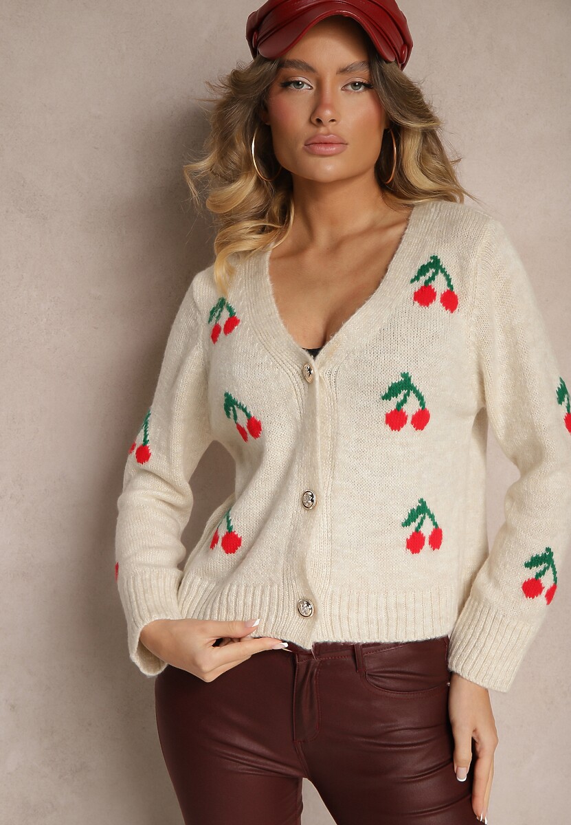 Beżowy Kardigan z Dekoltem w Kształcie Litery V we Wzór z Wisienkami Nelanel