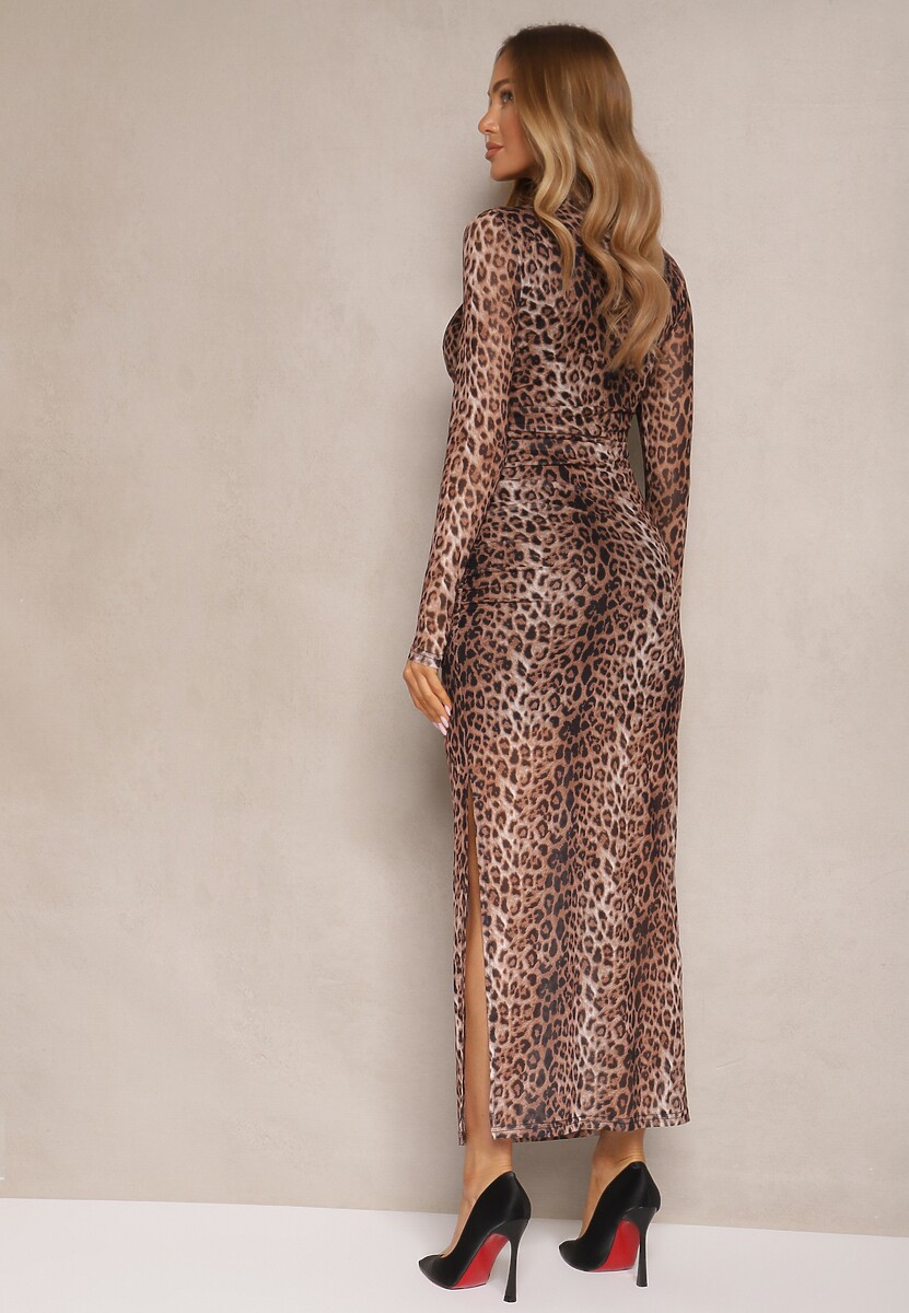 Brązowa Siateczkowa Sukienka z Wiskozą o Dopasowanym Kroju w Panterkowy Wzór Labrima
