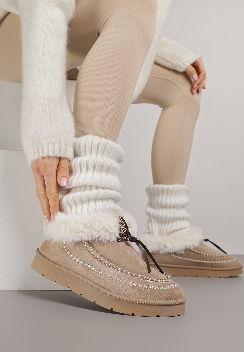 Ciemnobeżowe Śniegowce na Platformie Ozdobione Haftem i Futerkiem Linedis