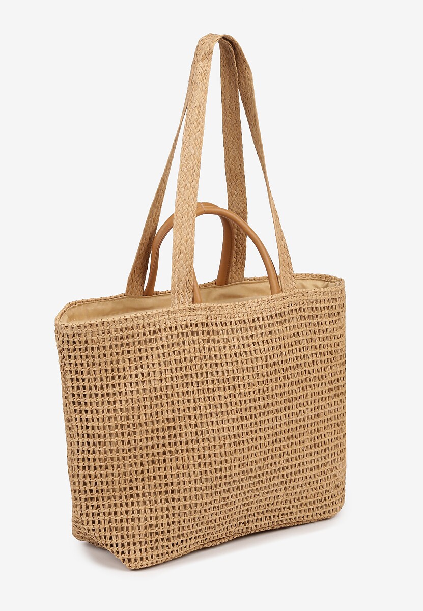 Ciemnobeżowa Torebka Shopperka z Plecionki Ozdobiona Metaliczną Aplikacją Felomea