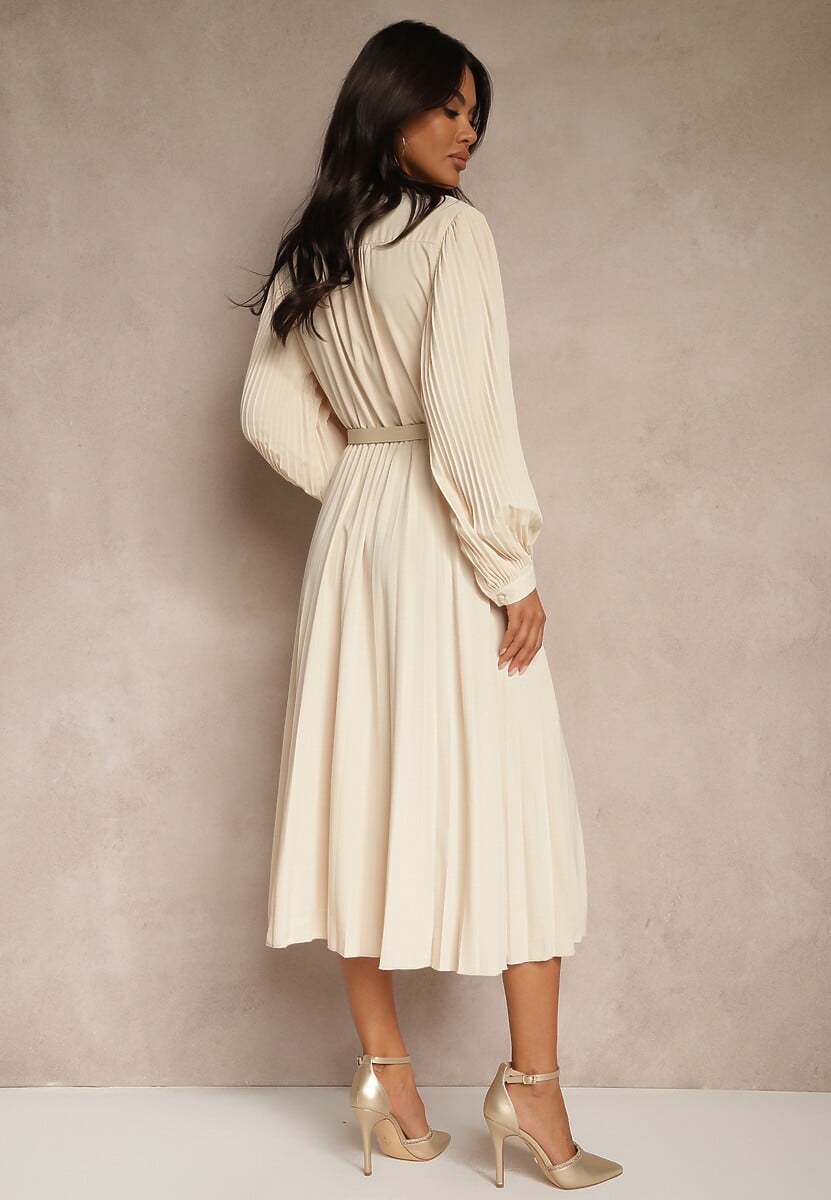 Beżowa Rozkloszowana Sukienka Midi z Guzikami i Paskiem Ozdobiona Plisowaniem Lathori