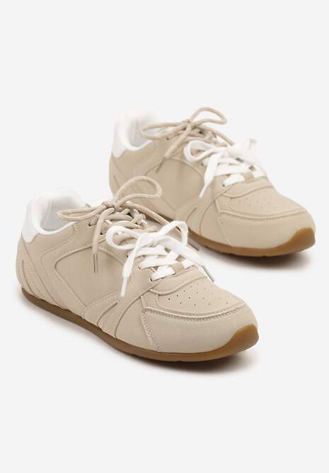 Beżowe Sneakersy Ozdobione Przeszyciami i Podwójnym Sznurowaniem Telisaria