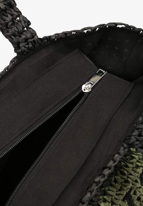 Zielono-Czarna Pleciona Torebka w Stylu Boho Ozdobiona Napisem Oegelia